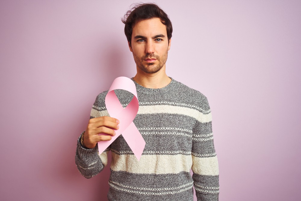 Men holding breast cancer icon at higher risk for breast cancer